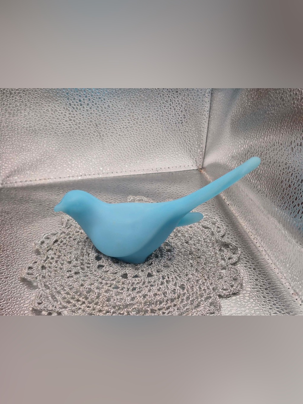 Fenton Blue Custard Glass Bird Of Happiness - Vintage Long Tail Satin Glass